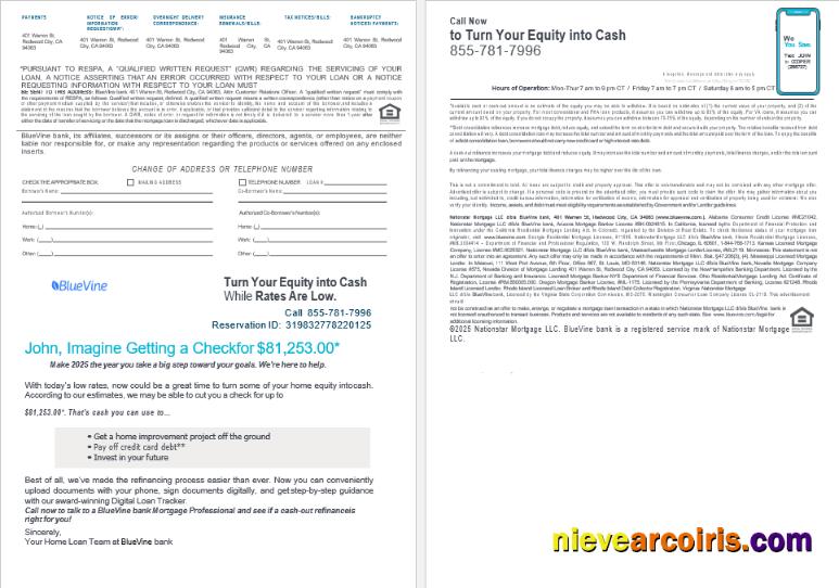 USA California BlueVine bank mortgage loan statement, 4 pages 3-4